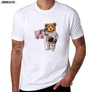New Fashion Trend Bear Printed T-shirt For Men Harajuku Short-sleeved White Tops